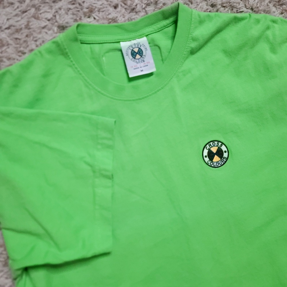Cross Colours T-Shirt Mens Size M Lime Green Embroidered Logo Back‎ Patch Tee